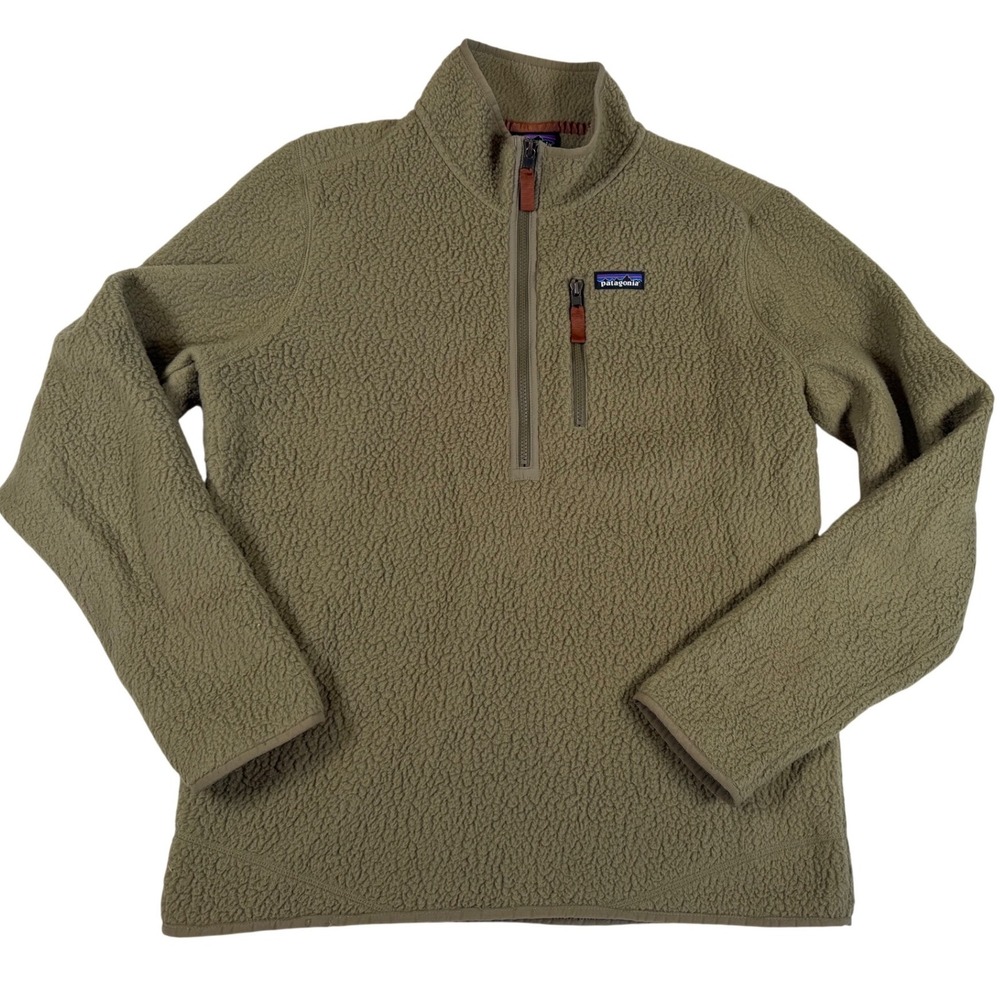 Patagonia Jacket Mens Large Green Retro Deep Pile Fleece 1/4 Zip Sherpa Hiking